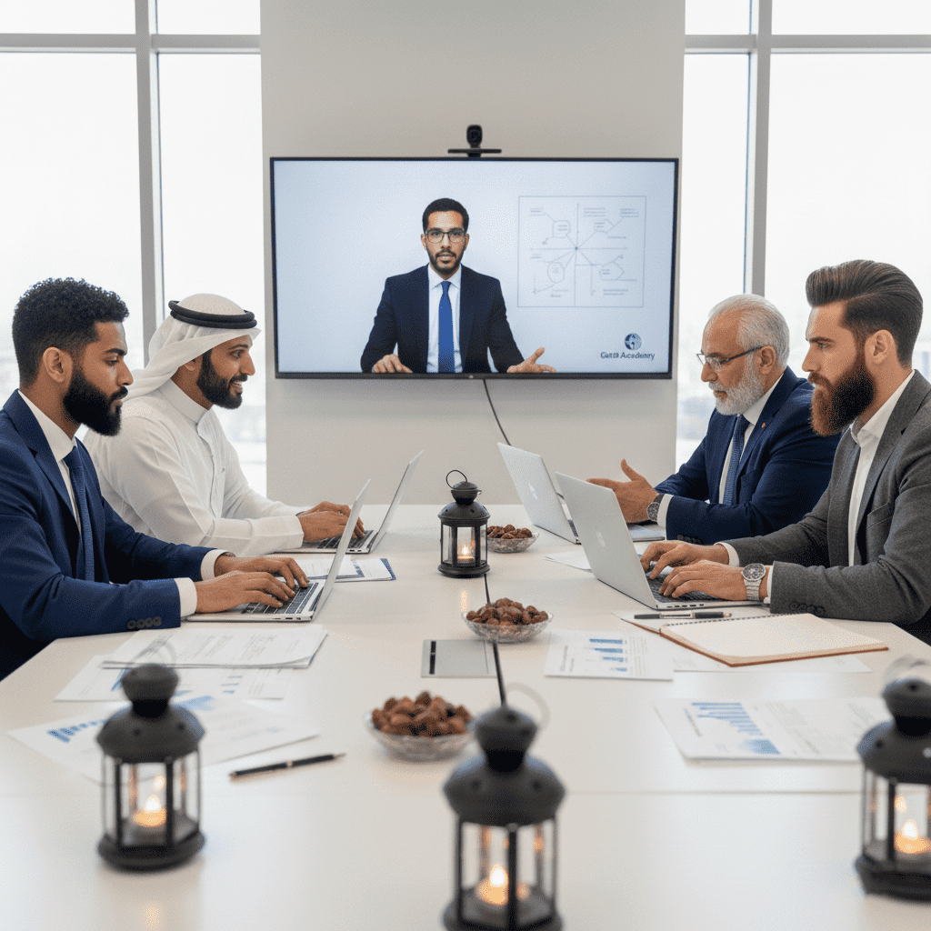  Arab professionals discussing an accredited MBA program on laptops in a modern office during Ramadan. 